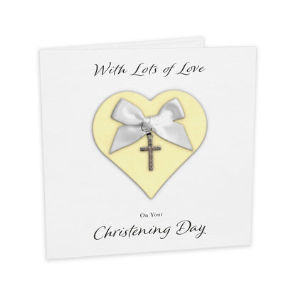 Christening Card (Diamante Cross Charm & Bow) - Yellow Heart & White Bow