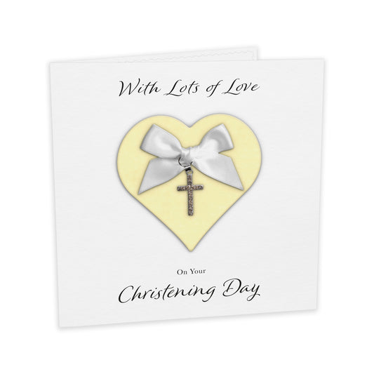 Christening Card (Diamante Cross Charm & Bow) - Yellow Heart & White Bow