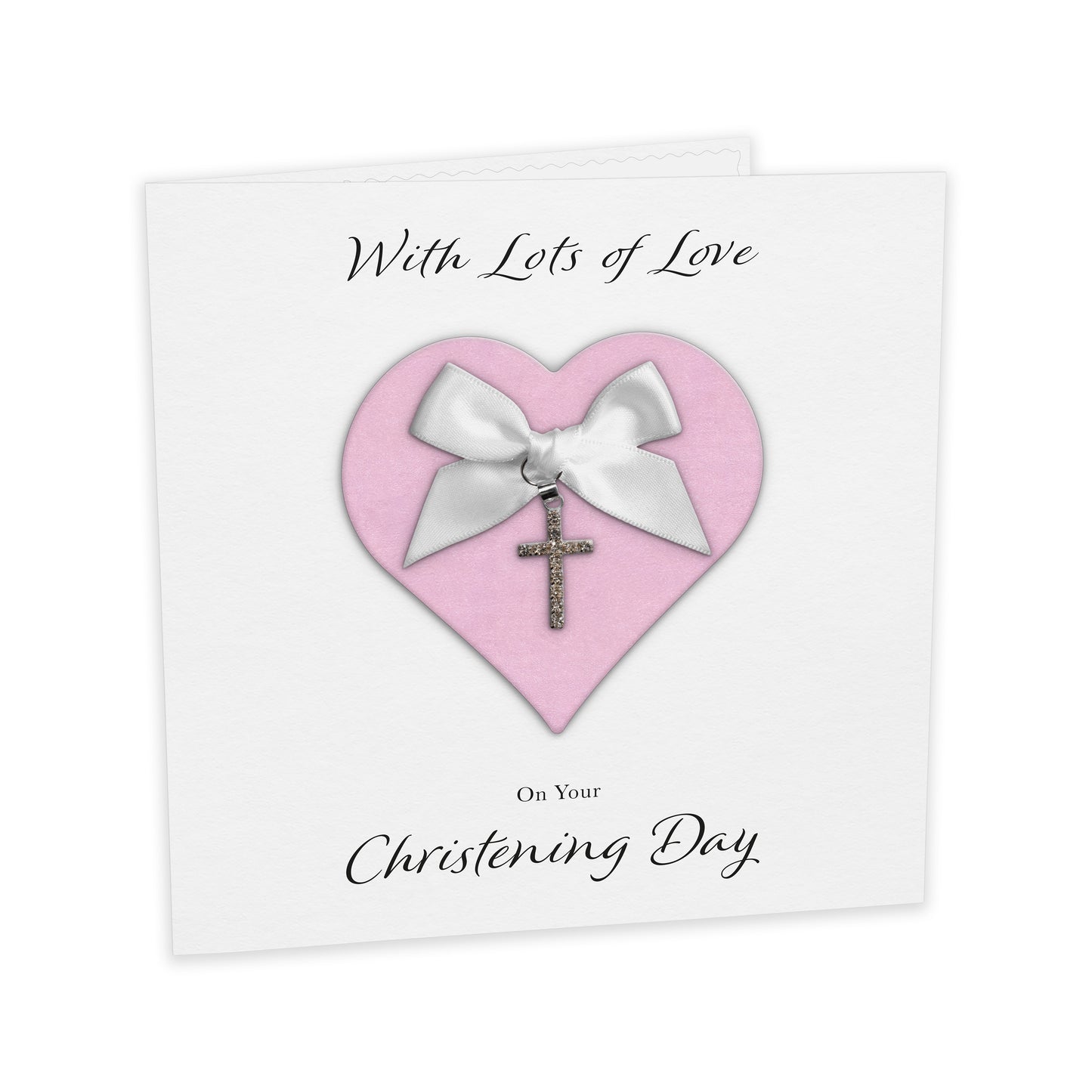 Christening Card (Diamante Cross Charm & Bow) - Pink Heart & White Bow