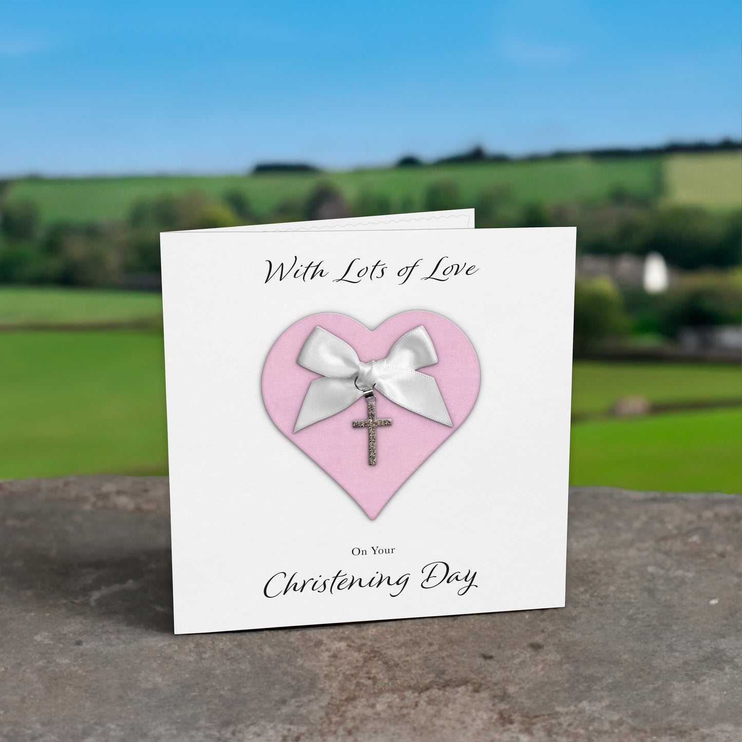 Christening Card (Diamante Cross Charm & Bow) - Pink Heart & White Bow