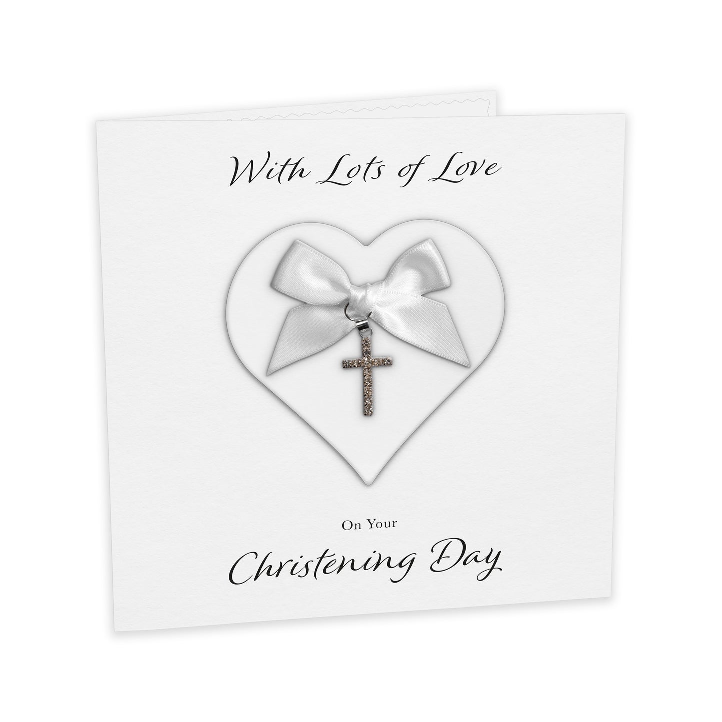 Christening Card (Diamante Cross Charm & Bow) - White Heart & White Bow