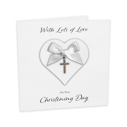 Christening Card (Diamante Cross Charm & Bow) - White Heart & White Bow