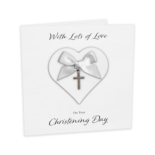 Christening Card (Diamante Cross Charm & Bow) - White Heart & White Bow