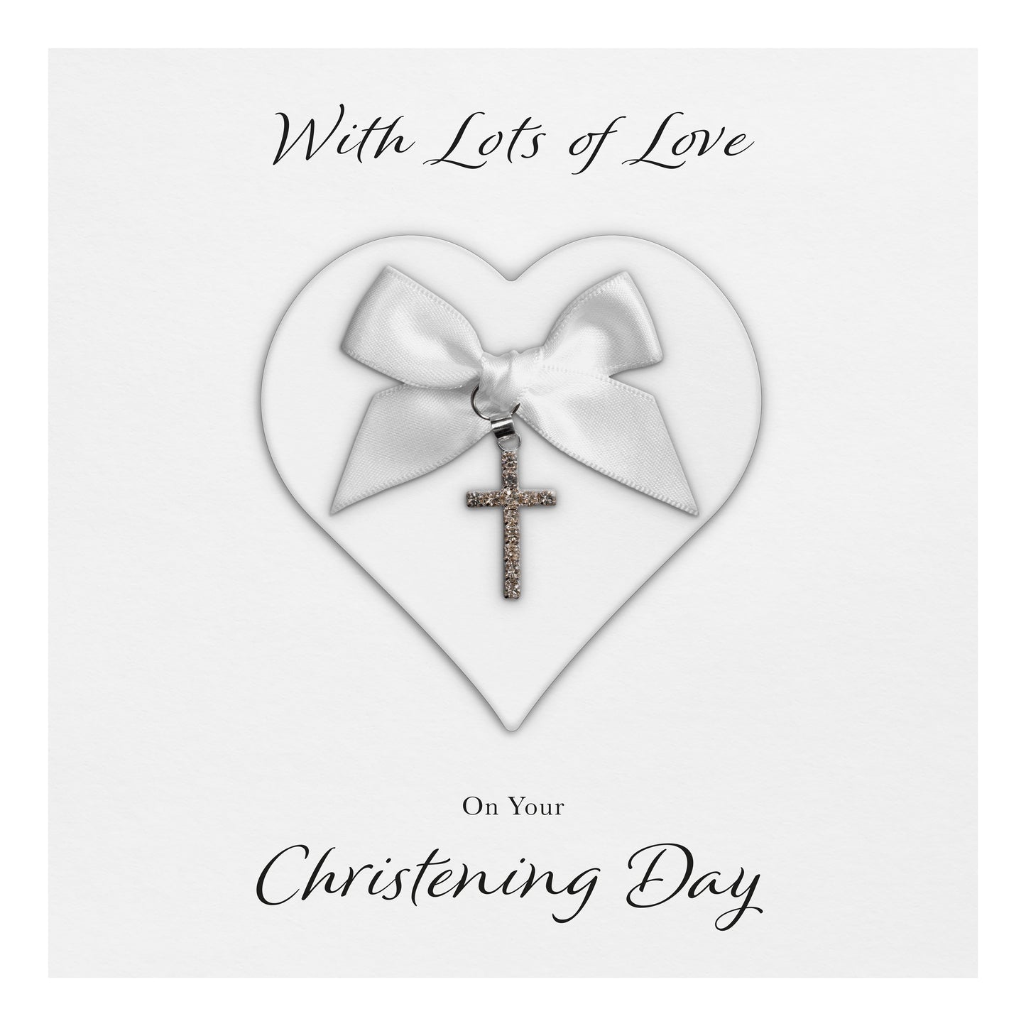 Christening Card (Diamante Cross Charm & Bow) - White Heart & White Bow