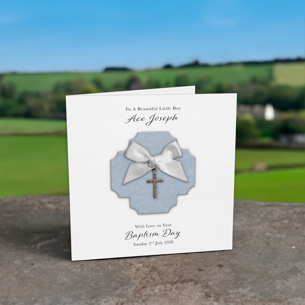 Personalised Christening Card (Blue Cross Charm)