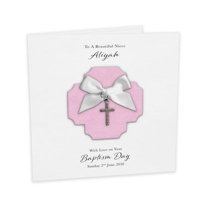 Personalised Christening Card (Pink, Cross Charm)