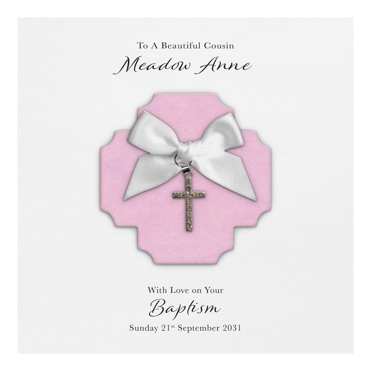 Personalised Christening Card (Pink, Cross Charm)