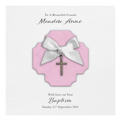 Personalised Christening Card (Pink, Cross Charm)