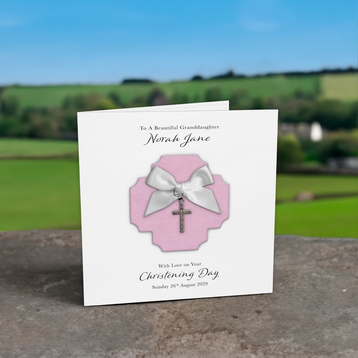 Personalised Christening Card (Pink, Cross Charm)