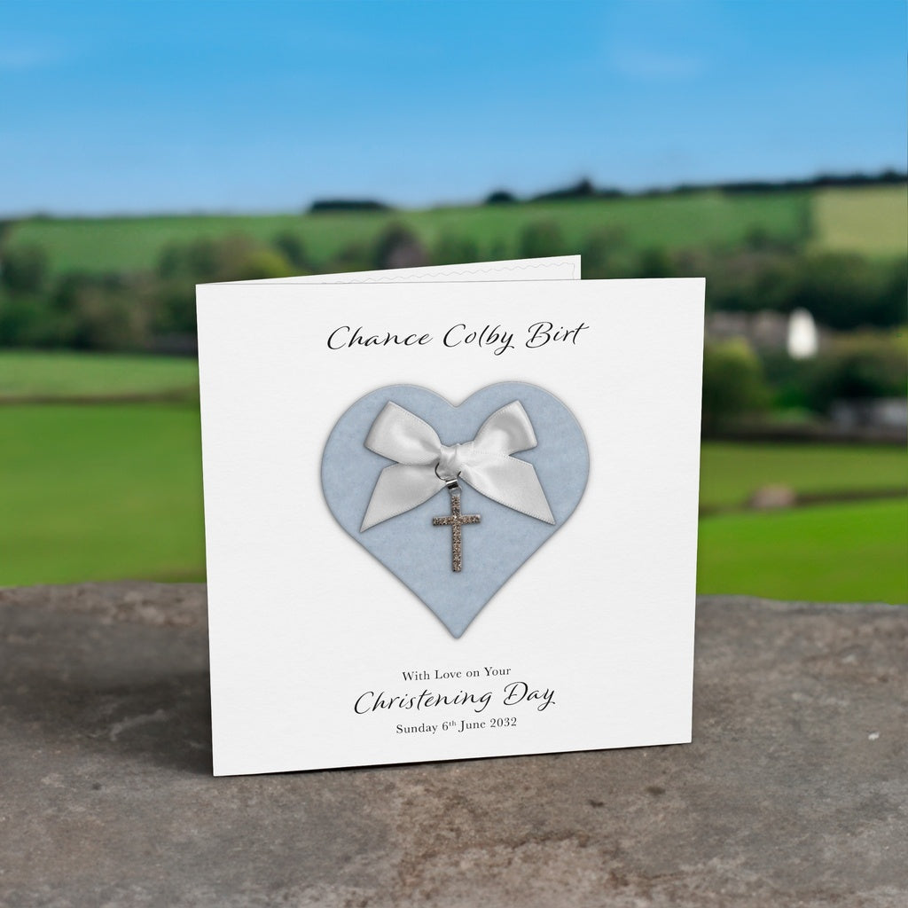 Personalised Christening Card (Blue Heart)