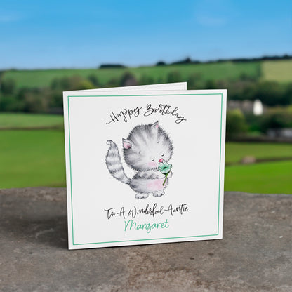 Personalised Birthday Card (Cute Cat With Flower) - Green