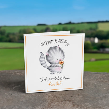 Personalised Birthday Card (Cute Cat With Flower) - Orange