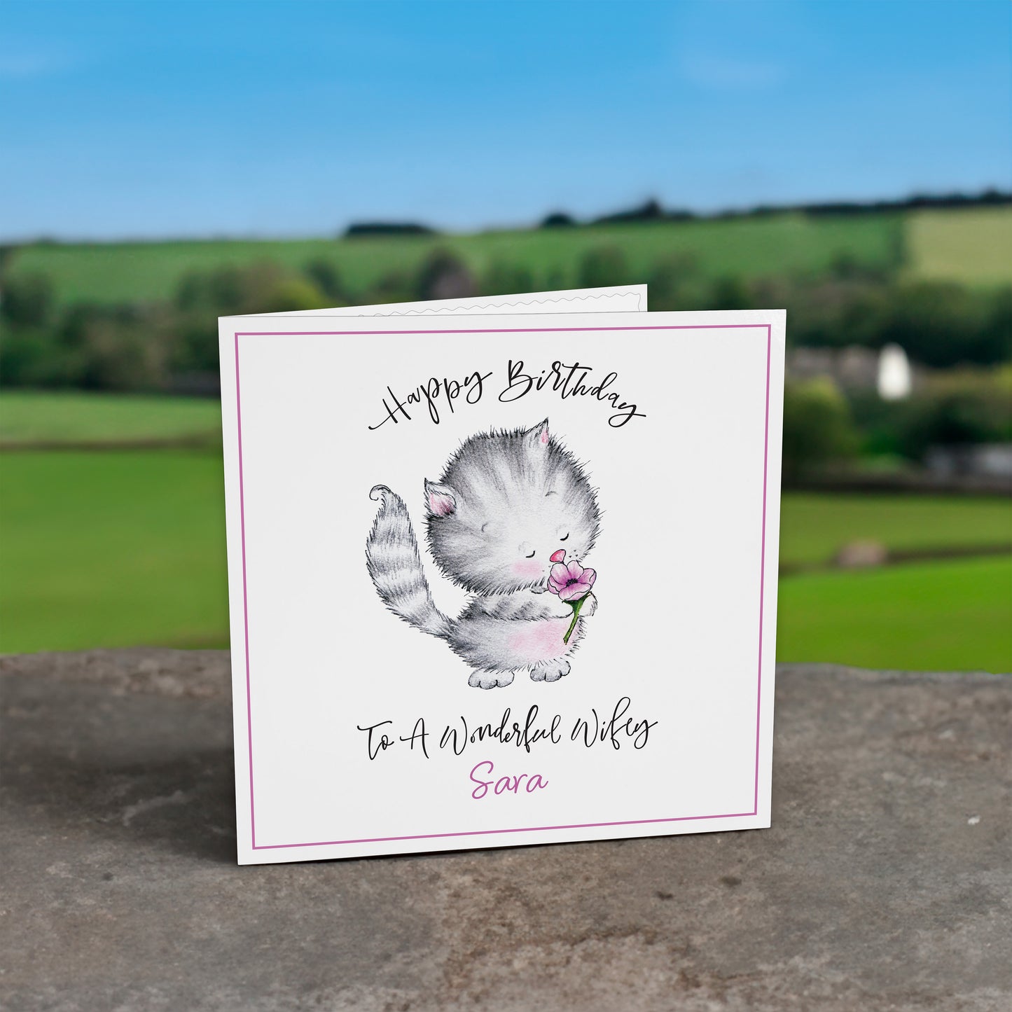 Personalised Birthday Card (Cute Cat With Flower) - Pink