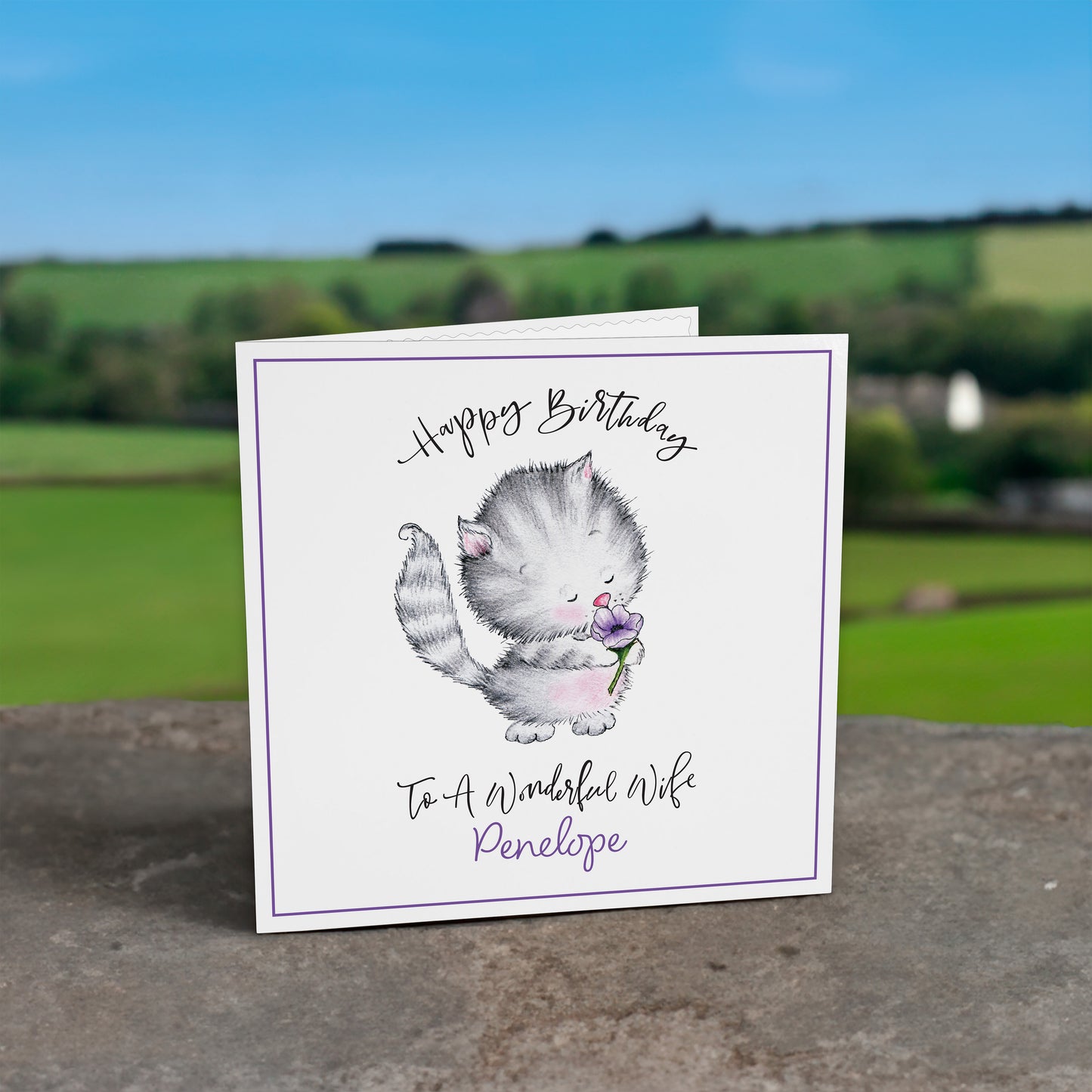 Personalised Birthday Card (Cute Cat With Flower) - Purple