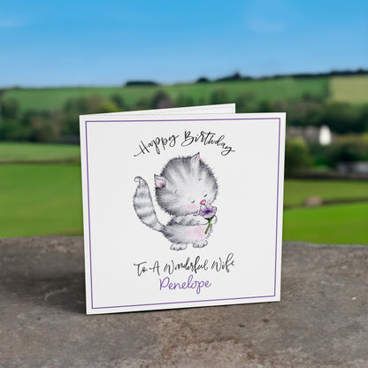 Personalised Birthday Card (Cute Cat With Flower) - Purple