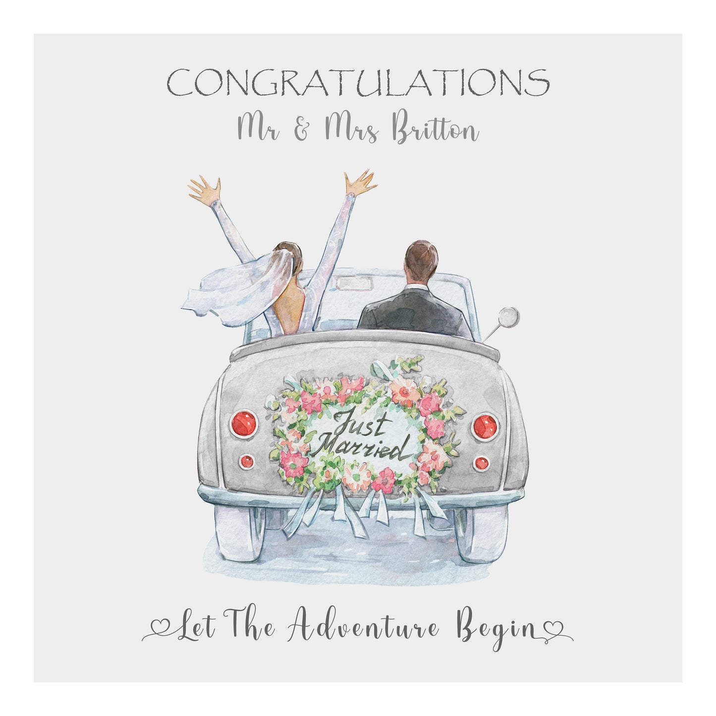 Personalised Wedding Card (Just Married, Car) - Dove Grey