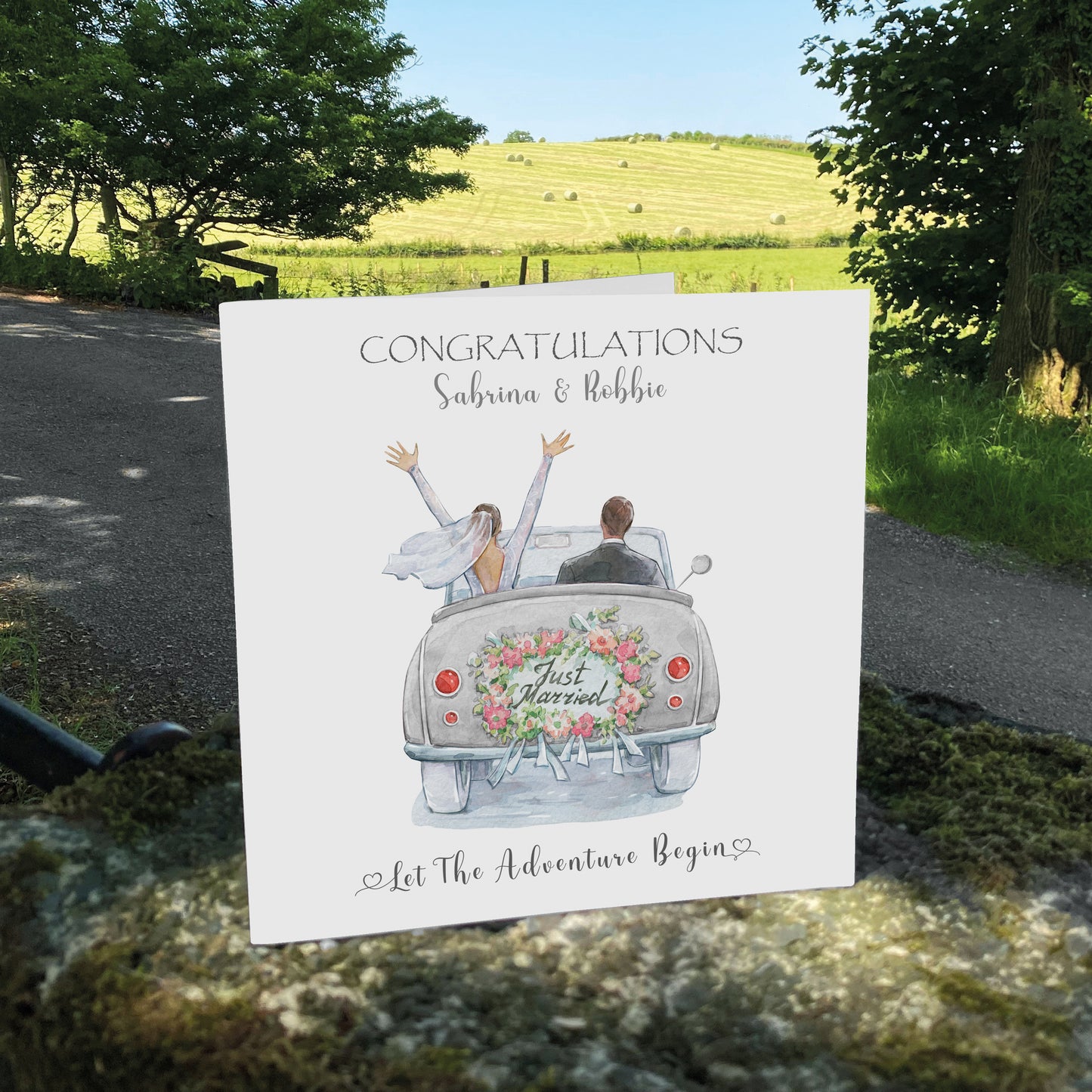Personalised Wedding Card (Just Married, Car) - Dove Grey