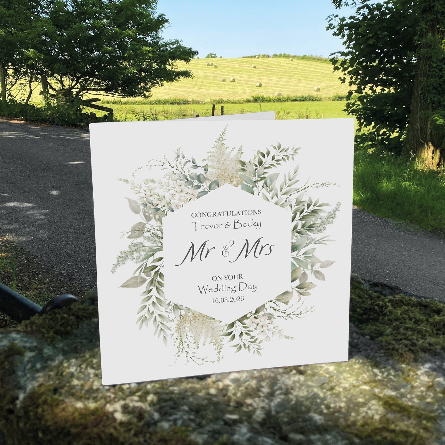 Personalised Wedding Card (Mr & Mrs Wreath) - Eucalyptus