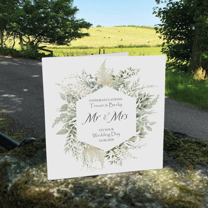 Personalised Wedding Card (Mr & Mrs Wreath) - Eucalyptus