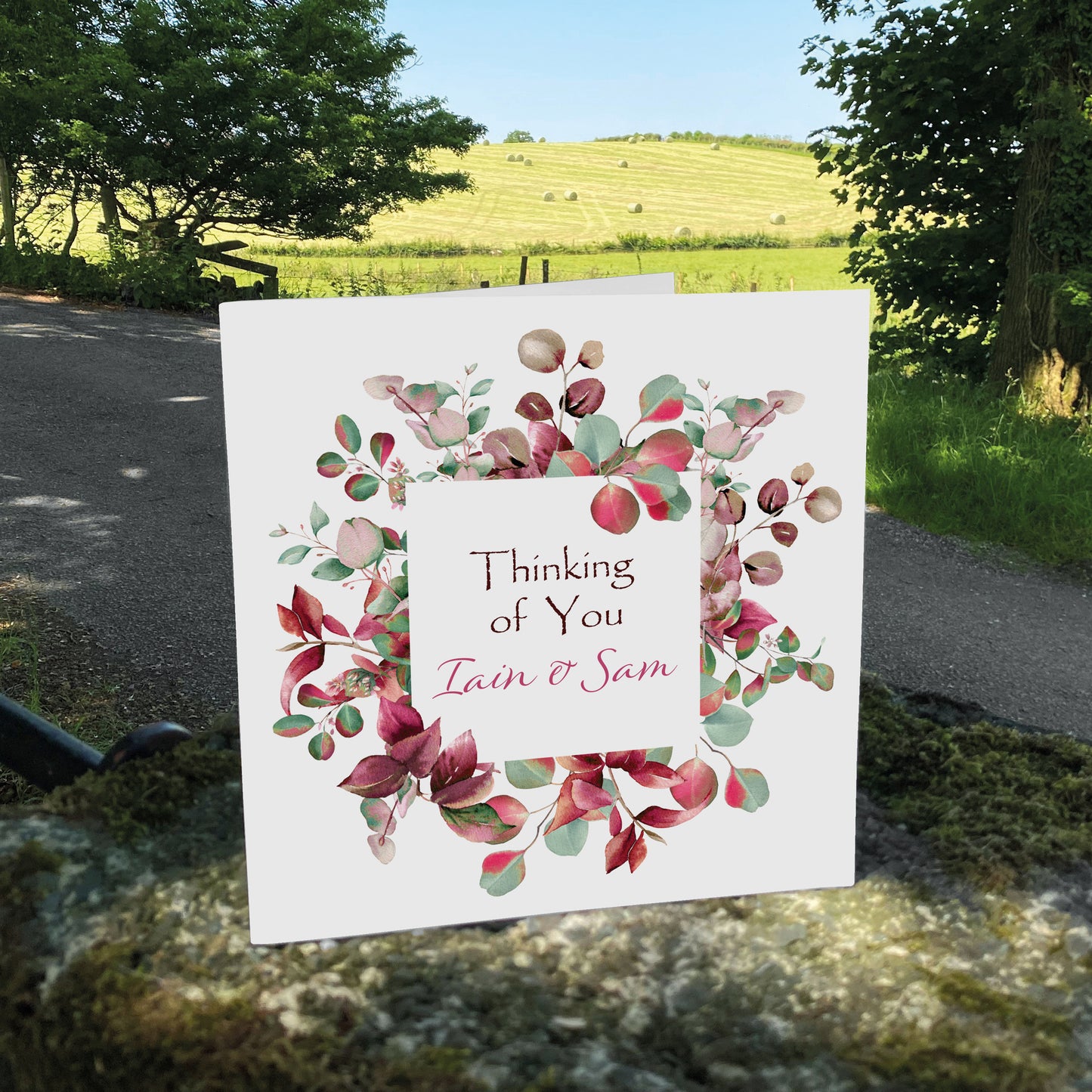 Personalised Thinking Of You Card (Foliage) - Bright Pink