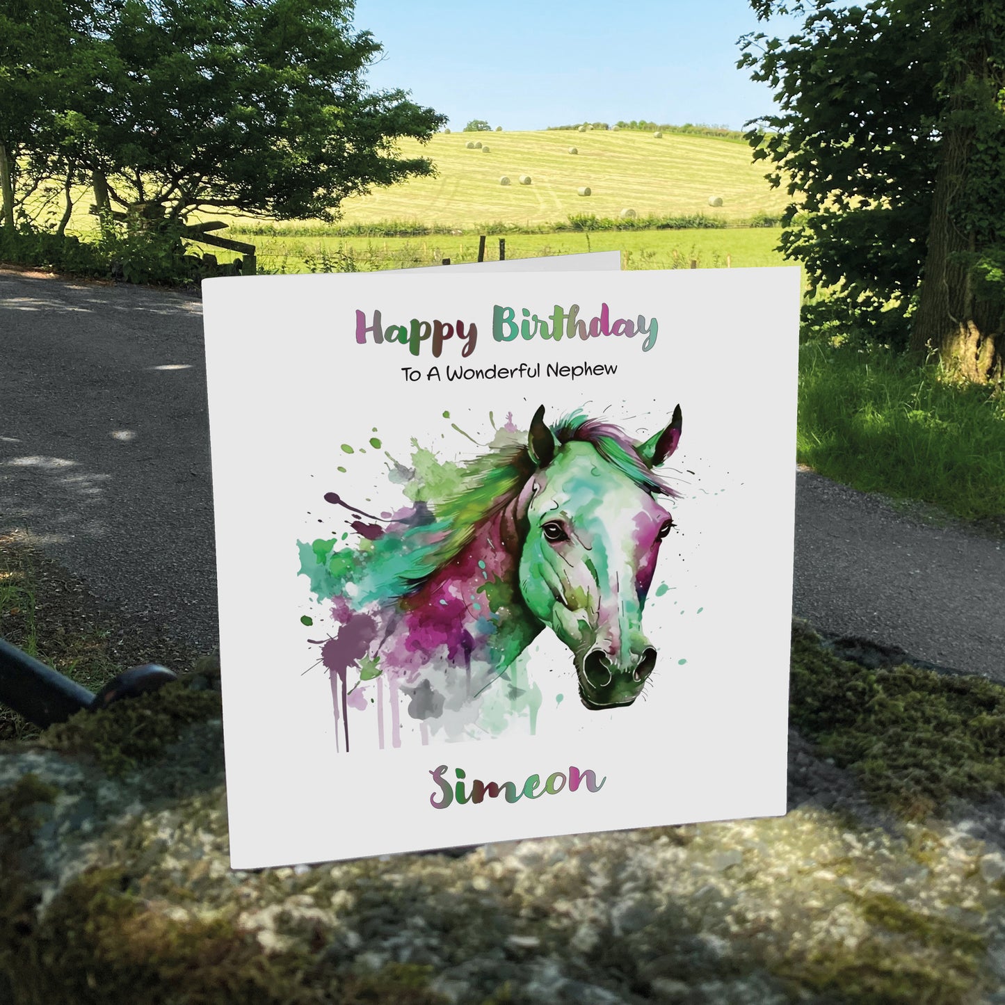 Personalised Birthday Card (Watercolour Horse) - Green Gooseberry