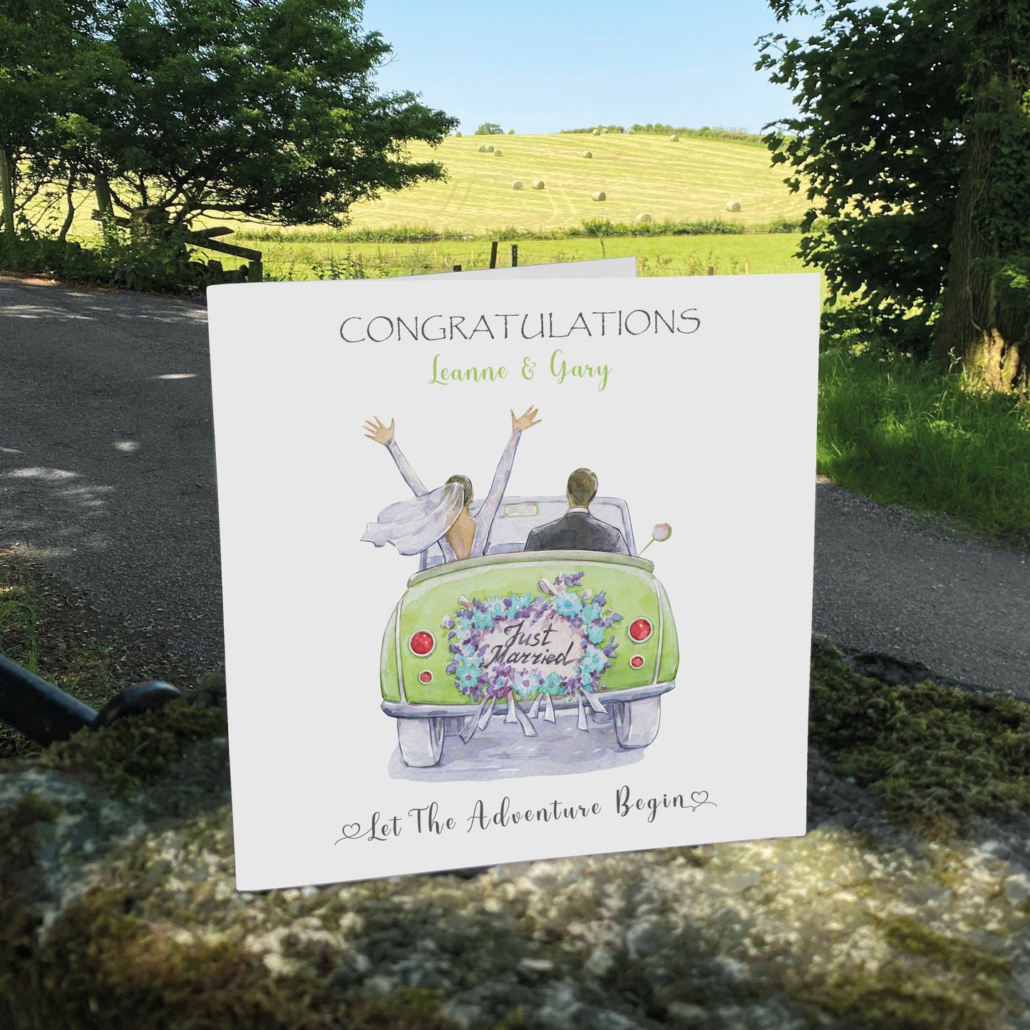 Personalised Wedding Card (Just Married, Car) - Green