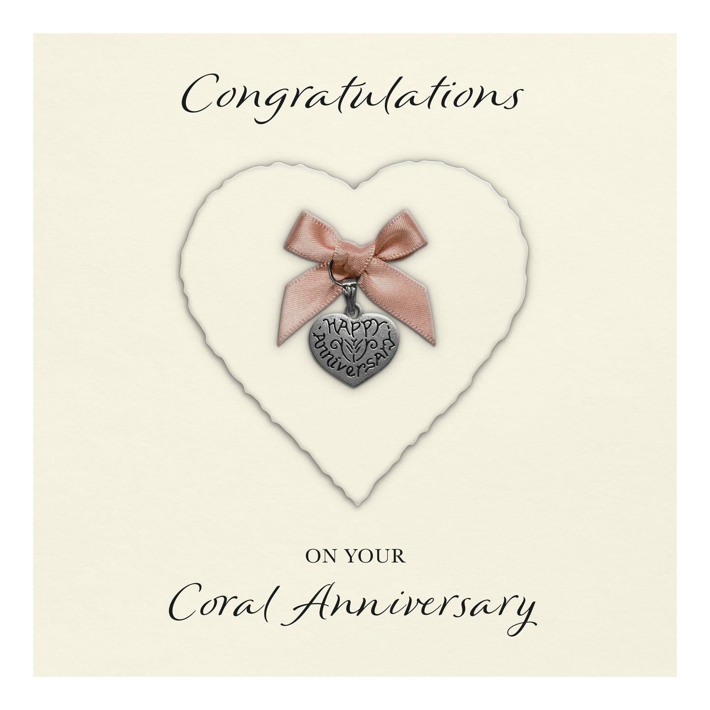 Coral 35th Anniversary Card (Heart Charm & Bow) - Ivory Cardstock