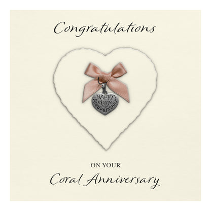 Coral 35th Anniversary Card (Heart Charm & Bow) - Ivory Cardstock