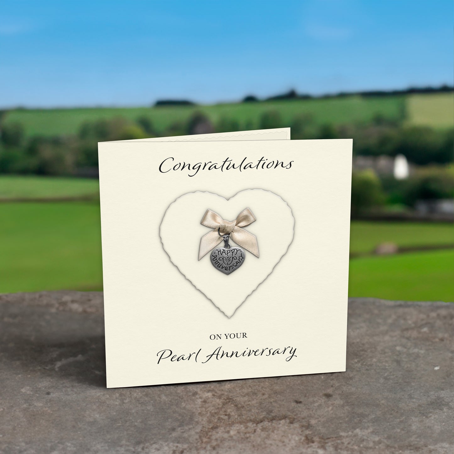 Pearl 30th Anniversary Card (Heart Charm & Bow) - Ivory Cardstock