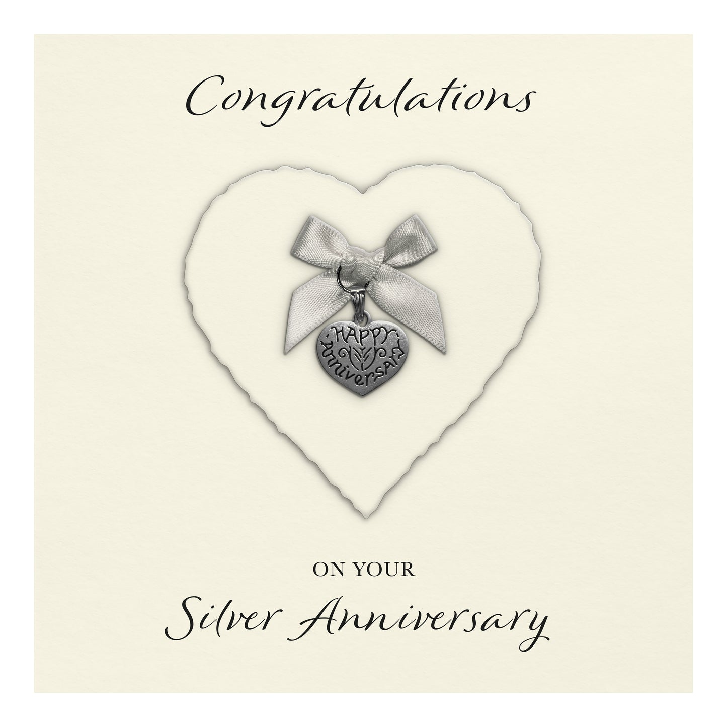 Silver 25th Anniversary Card (Heart Charm & Bow) - Ivory Cardstock