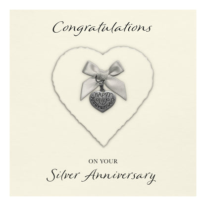 Silver 25th Anniversary Card (Heart Charm & Bow) - Ivory Cardstock