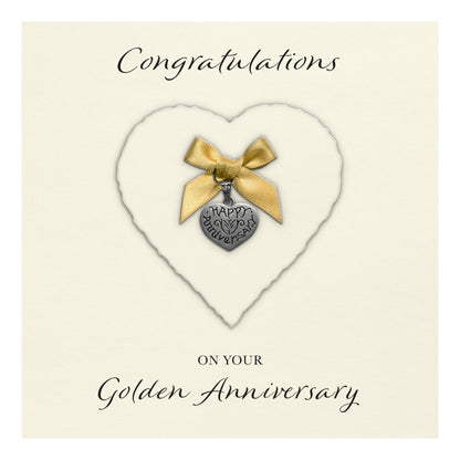 Golden 50th Anniversary Card (Heart Charm & Bow) - Ivory Cardstock
