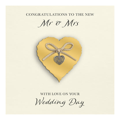 Wedding Day Card (Heart Charm & Bow) - Gold Heart / Ivory Cardstock