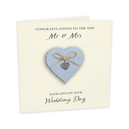 Wedding Day Card (Heart Charm & Bow) - Powder Blue Heart / Ivory Cardstock