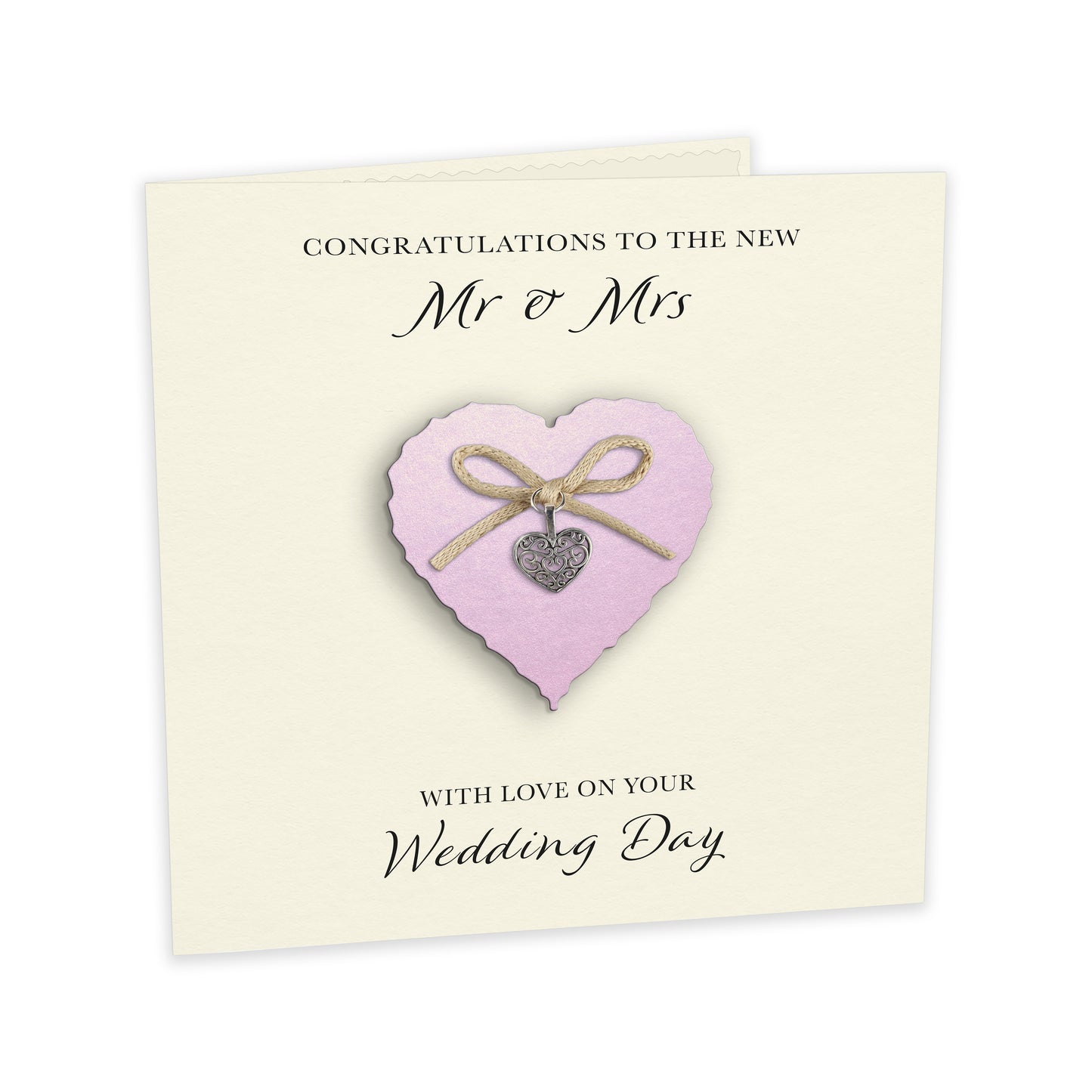 Wedding Day Card (Heart Charm & Bow) - Powder Pink Heart / Ivory Cardstock