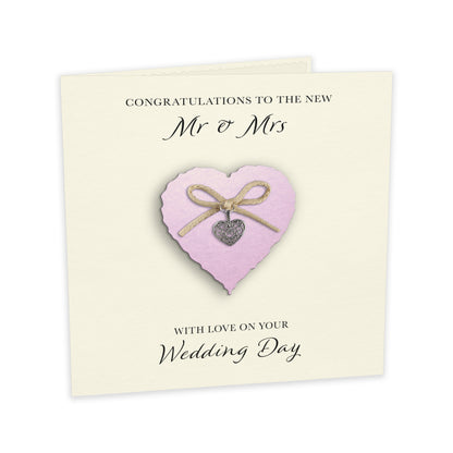 Wedding Day Card (Heart Charm & Bow) - Powder Pink Heart / Ivory Cardstock