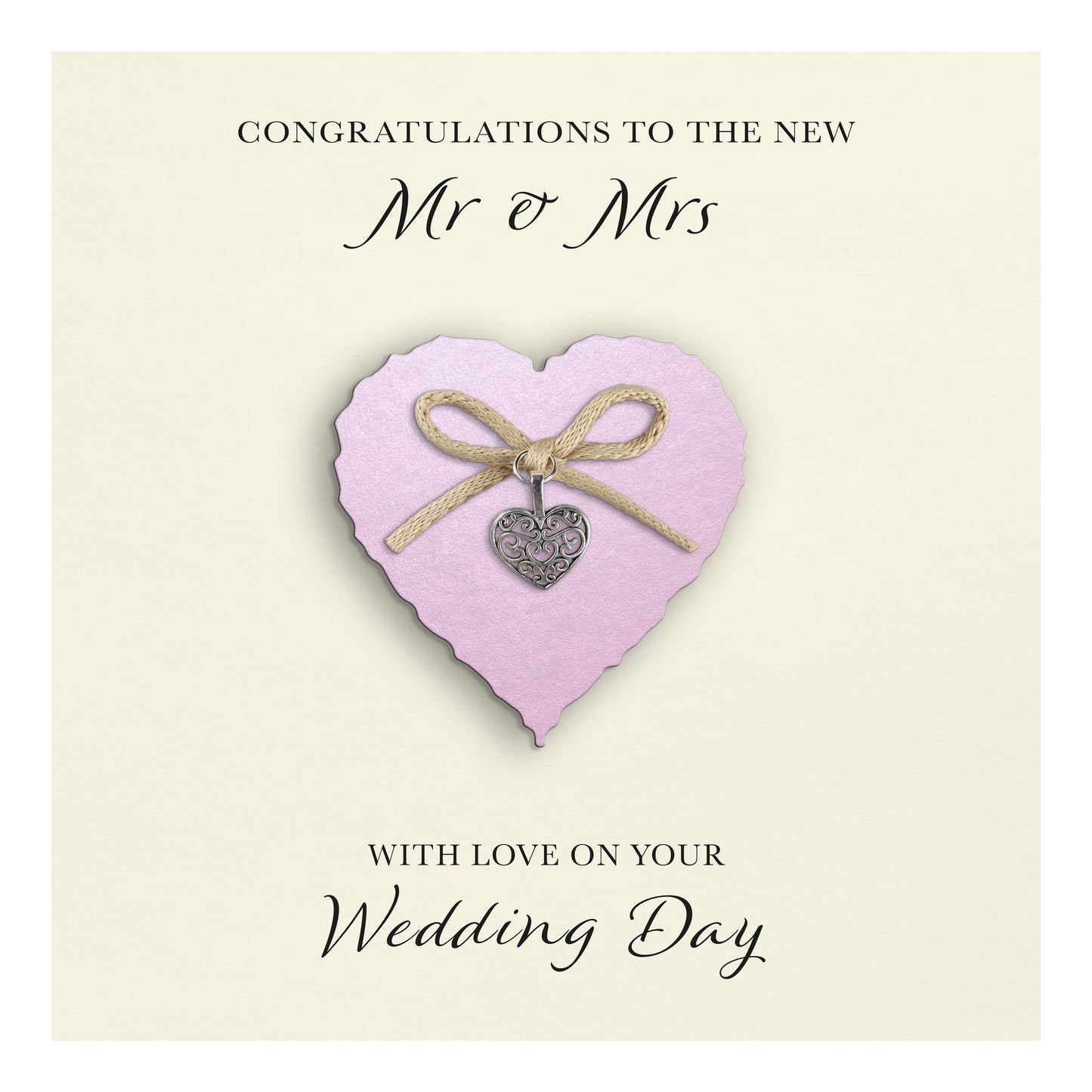 Wedding Day Card (Heart Charm & Bow) - Powder Pink Heart / Ivory Cardstock