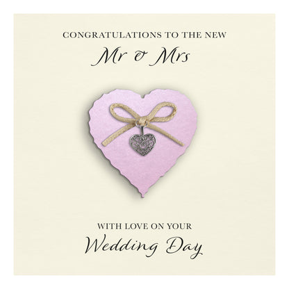 Wedding Day Card (Heart Charm & Bow) - Powder Pink Heart / Ivory Cardstock