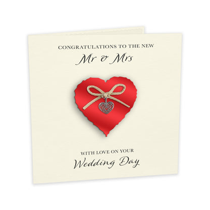 Wedding Day Card (Heart Charm & Bow) - Ruby Heart / Ivory Cardstock