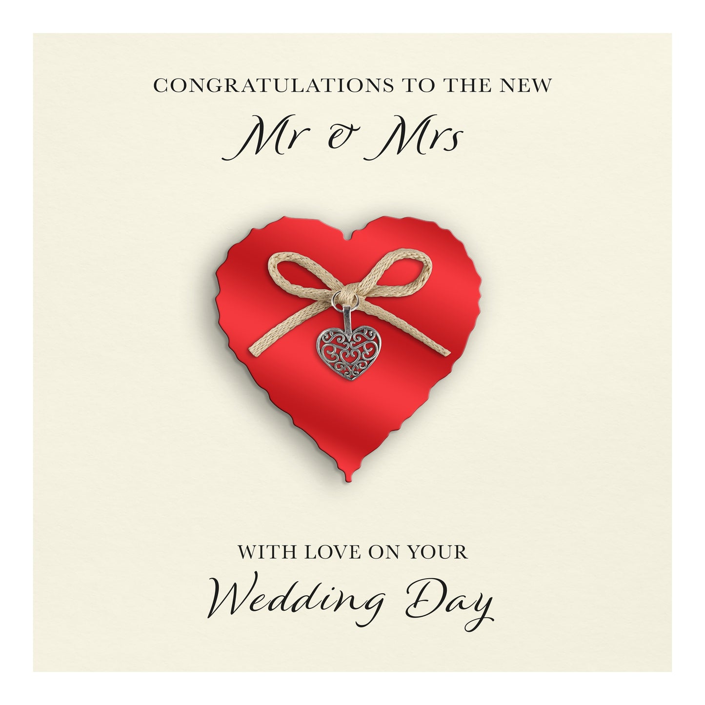 Wedding Day Card (Heart Charm & Bow) - Ruby Heart / Ivory Cardstock