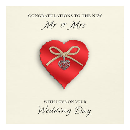 Wedding Day Card (Heart Charm & Bow) - Ruby Heart / Ivory Cardstock