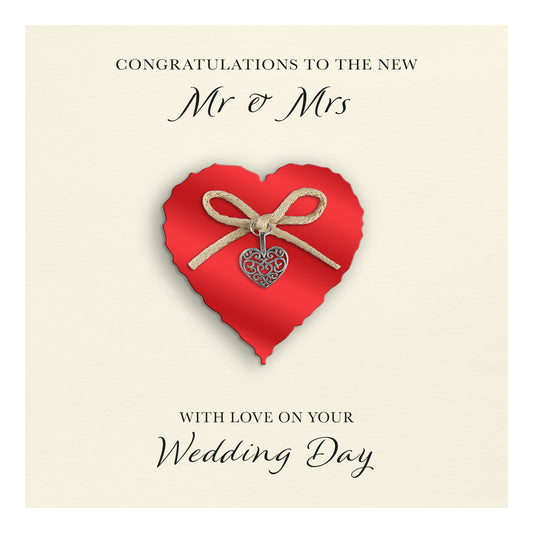 Wedding Day Card (Heart Charm & Bow) - Ruby Heart / Ivory Cardstock