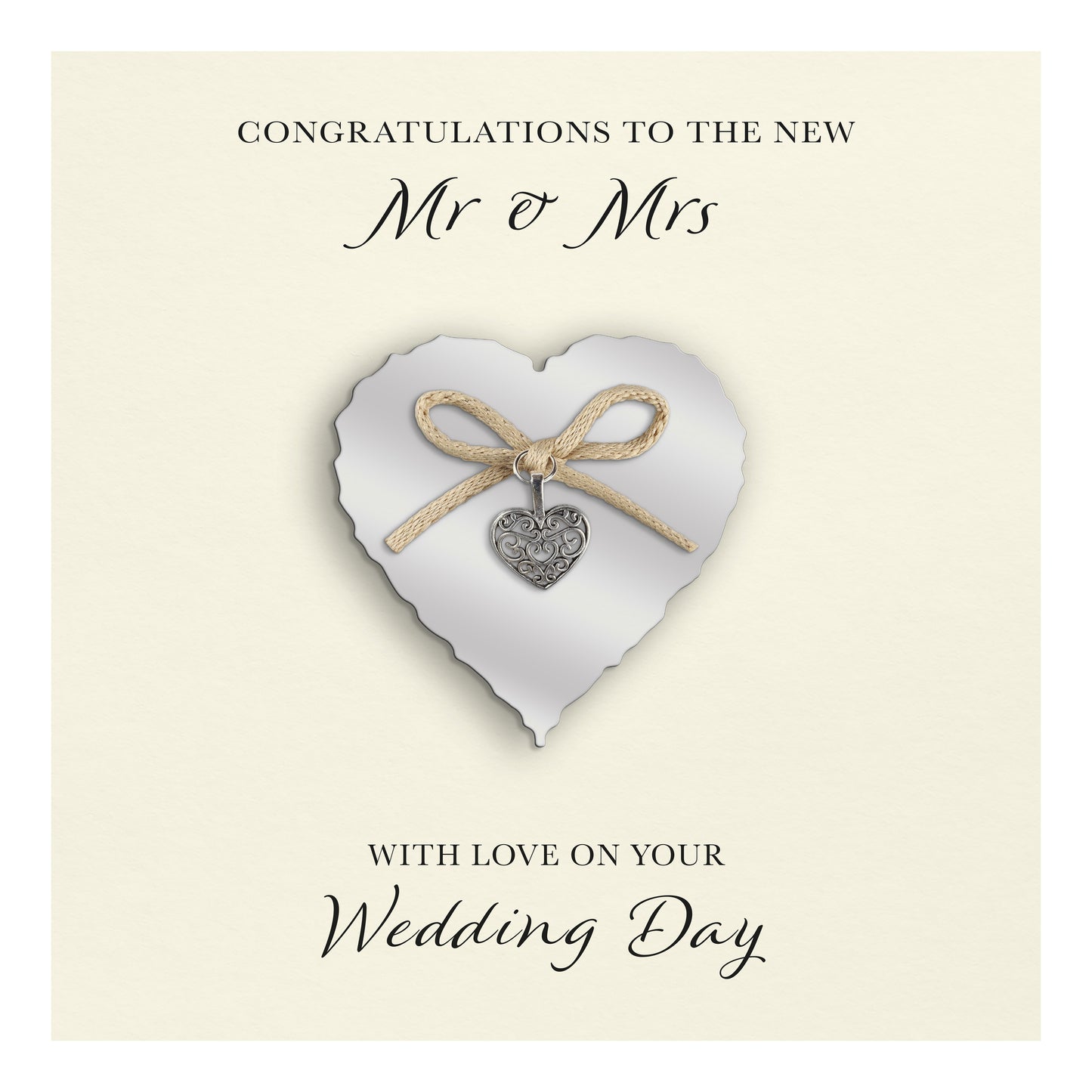 Wedding Day Card (Heart Charm & Bow) - Silver Heart / Ivory Cardstock