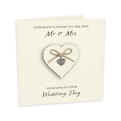 Wedding Day Card (Heart Charm & Bow) - Ivory Heart / Ivory Cardstock