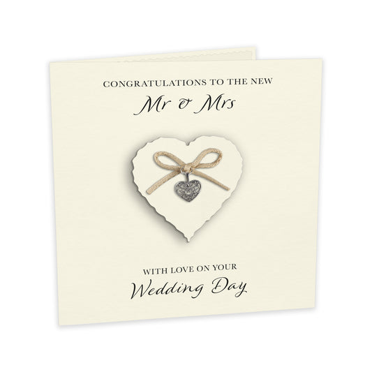 Wedding Day Card (Heart Charm & Bow) - Ivory Heart / Ivory Cardstock