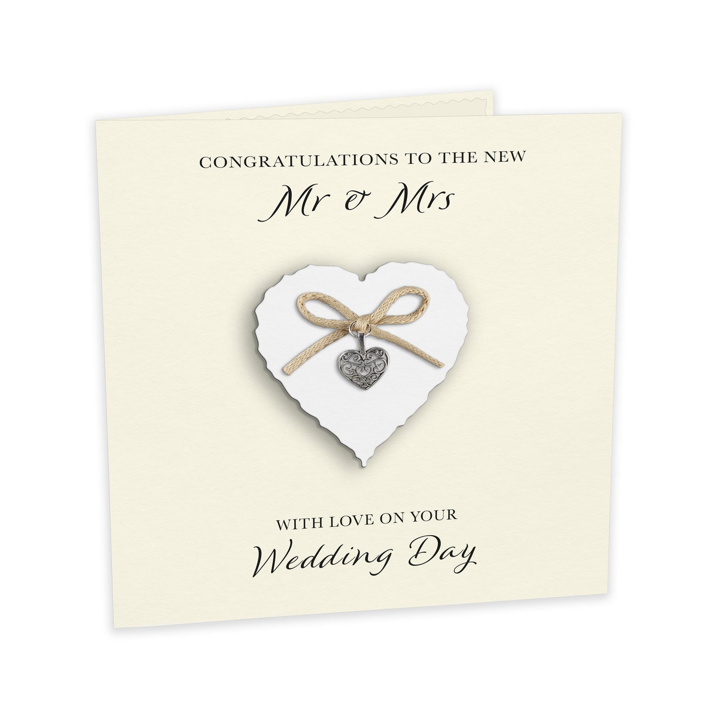 Wedding Day Card (Heart Charm & Bow) - White Heart / Ivory Cardstock