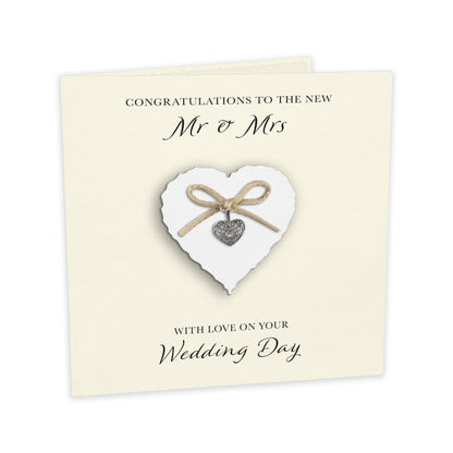 Wedding Day Card (Heart Charm & Bow) - White Heart / Ivory Cardstock