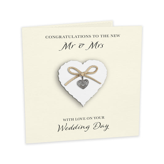 Wedding Day Card (Heart Charm & Bow) - White Heart / Ivory Cardstock