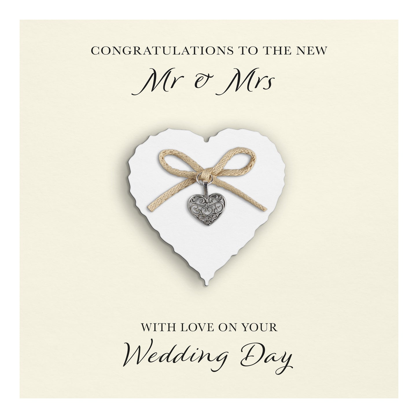 Wedding Day Card (Heart Charm & Bow) - White Heart / Ivory Cardstock