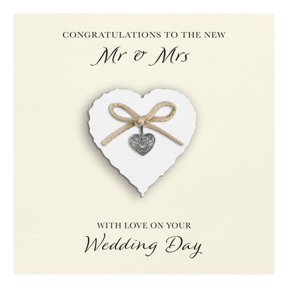 Wedding Day Card (Heart Charm & Bow) - White Heart / Ivory Cardstock